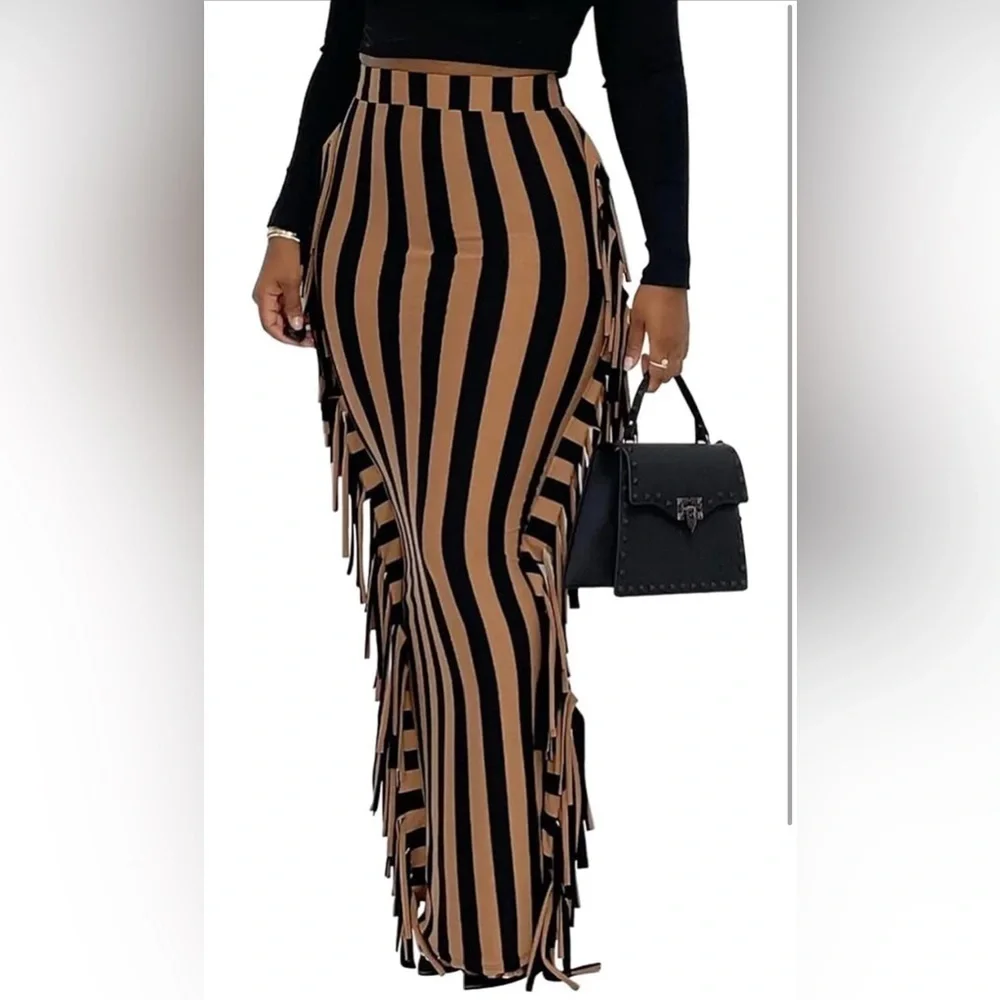 Fringe Maxi Pencil High Waist Bodycon Striped Tassel Skirt Black Brown, Small